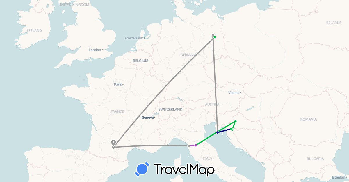 TravelMap itinerary: driving, bus, plane, train in Germany, France, Croatia, Italy (Europe)